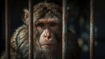 Emotional Monkey Behind Cage Bars Expressing Sadness and Captivity in Close-Up Wildlife Portrait.