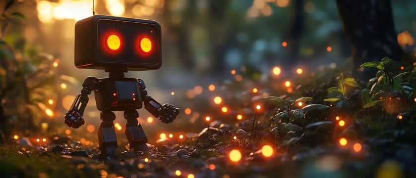 A robot exploring a magical forest scene.