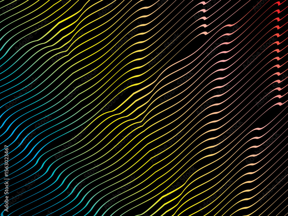 Poster the background is a colorful gradient wavy diagonal striped pattern on a black background, creating 