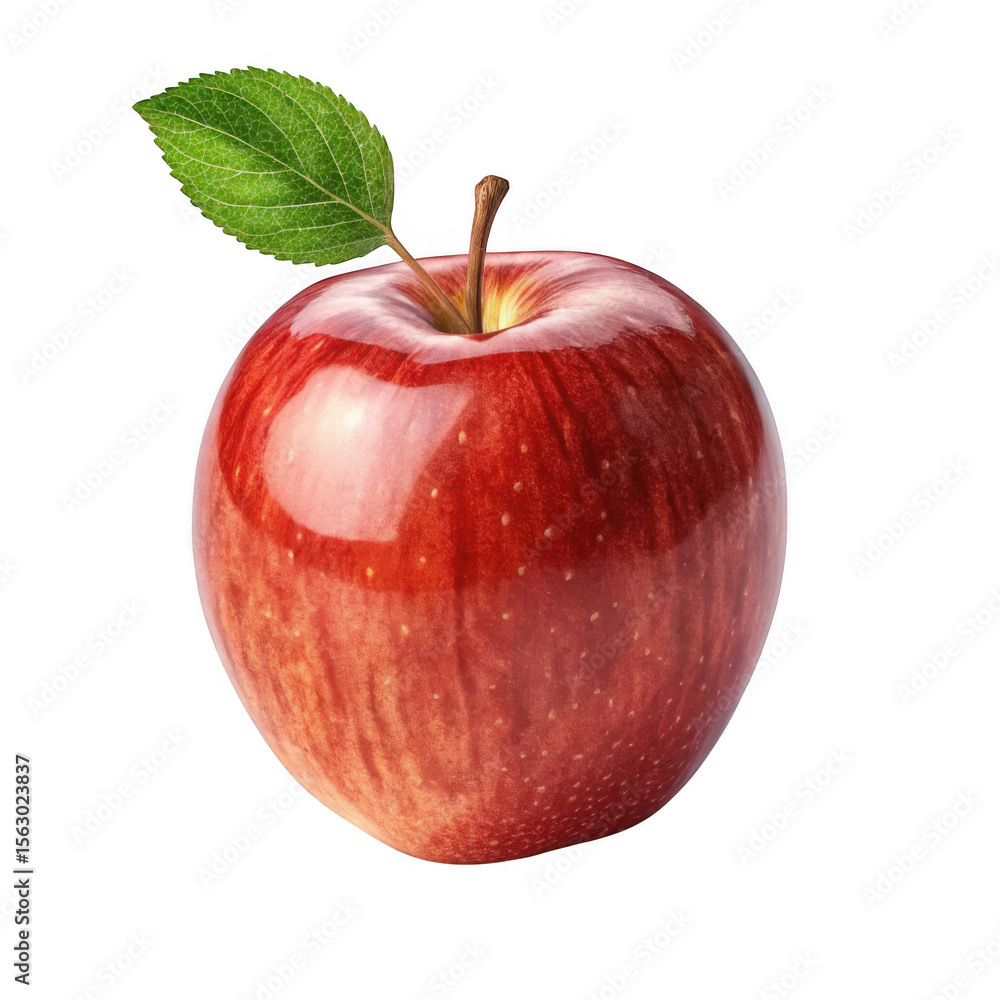 Poster 3d realistic red apple with leaf isolated on transparent background