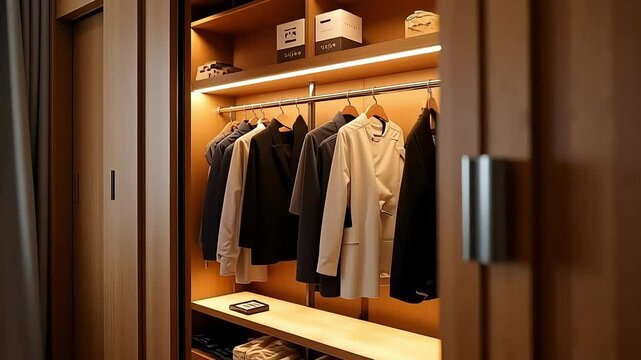 A modern wooden wardrobe interior showcases stylish clothing in an organized space with subtle lighting for an elegant home.