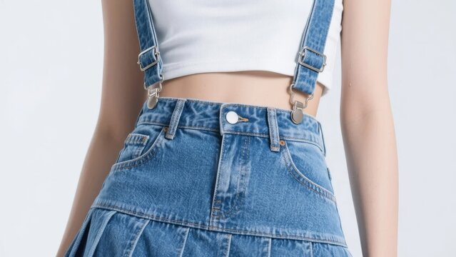 Person wearing a white crop top and denim overalls skirt