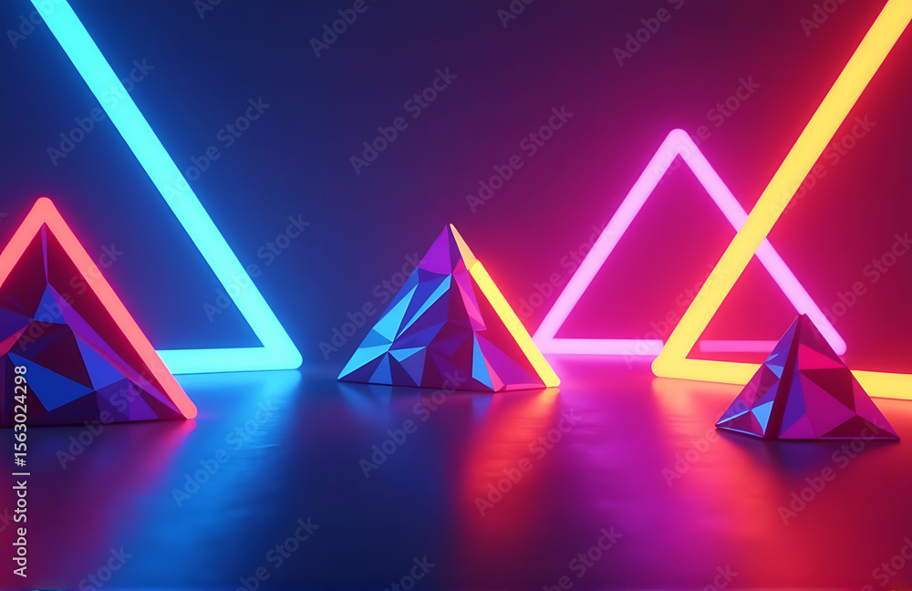 Poster bright colorful abstract background features geometric shapes neon lights color gradient triangles lines creating
