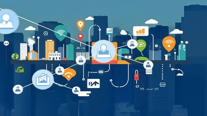 Digital cityscape with data connections, icons representing technology and communication in urban setting - Powered by Adobe