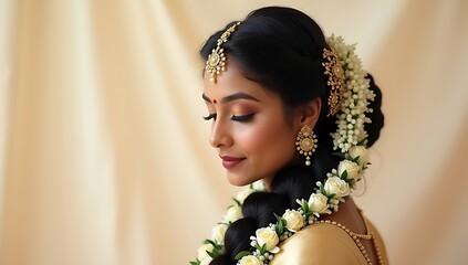 Traditional South Indian bridal hairstyle with jasmine flower garland wrapped around a long braid, adorned with gold hair accessories on a neutral backdrop.
