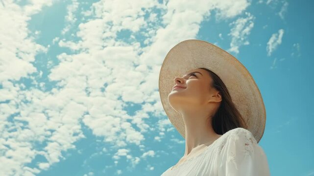 Young woman in wide brim hat gazing at blue sky with clouds and sunlight, outdoors portrait capturing summer fashion and happiness in peaceful sunny weather
