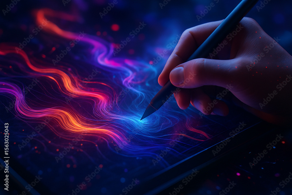 Poster ai generated a futuristic image of a human hand using a glowing stylus on a digital tablet creating 