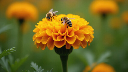 African Marigold Tagetes Erecta With Bee Pollinating Bright Yellow Petals in Natural Garden Setting.