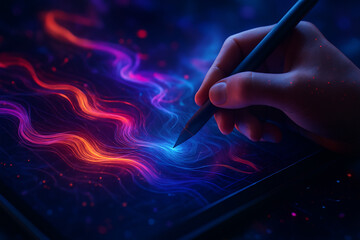 AI generated a futuristic image of a human hand using a glowing stylus on a digital tablet creating vibrant flowing light trails representing creativity energy and technology