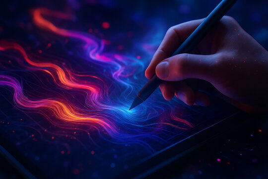 AI generated a futuristic image of a human hand using a glowing stylus on a digital tablet creating vibrant flowing light trails representing creativity energy and technology