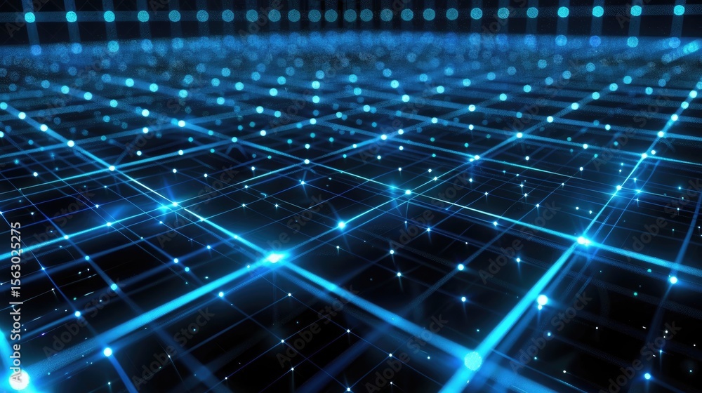 Poster digital grid of neon blue lines over black background, tech interface style