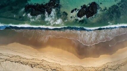 Low tide reveals sandy beach and rocky coastline in coastal landscape, Low tide ocean front Aerial above sandy beach toward shoreline - Powered by Adobe