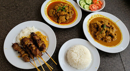 A variety of traditional Muslim holiday dishes like gulai and satay served on a dining table during Eid celebration