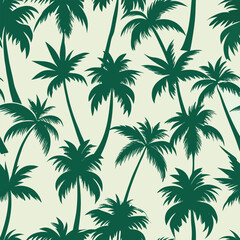 Seamless pattern of dark green palm trees on a light cream background