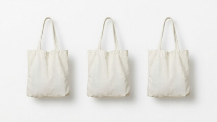 Three Tote Bags Mockup Displayed on Clean White Background for Fashion Product Presentation and Branding.