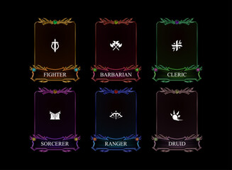 set of dark fantasy gothic medieval trading card game with fighter, barbarian, cleric, sorcerer, ranger, druid class in various color