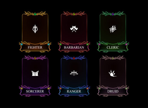 set of dark fantasy gothic medieval trading card game with fighter, barbarian, cleric, sorcerer, ranger, druid class in various color