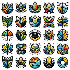 Colorful Leaf Icon Set Bundle, Modern Nature Botanical Vector Clipart, Editable AI and EPS Files for Logo, Sticker, Design