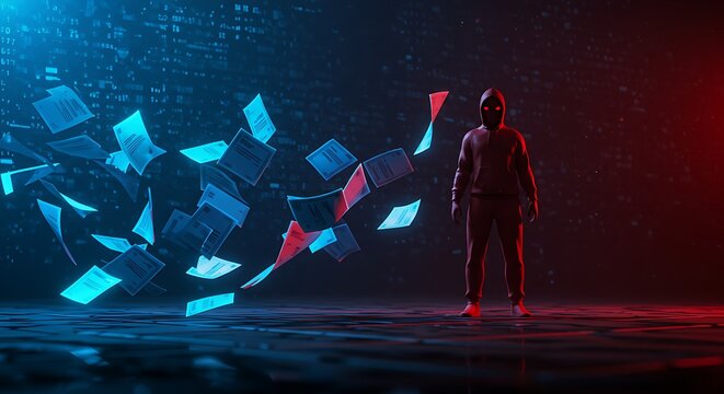 Data breach visualization showing crimson hacker silhouette surrounded by falling digital documents