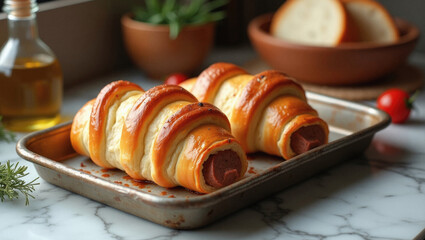 Two Perfectly Baked Sausage Rolls on Rustic Metal Tray With Golden Crust and Hearty Filling.