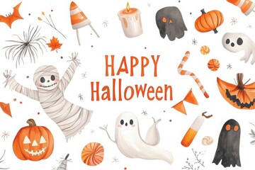 Whimsical halloween characters and decorations with happy halloween text isolated on white background