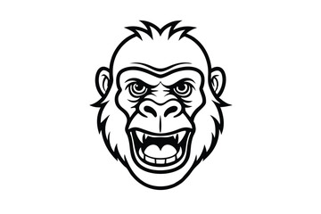 Black line drawing presents an angry gorilla face showing its teeth on a white background