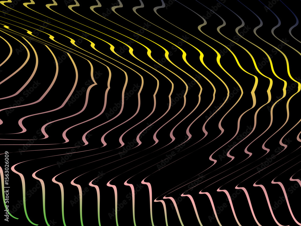 Poster The background is a colorful gradient wavy diagonal striped pattern on a black background, creating a dynamic and modern visual effect.