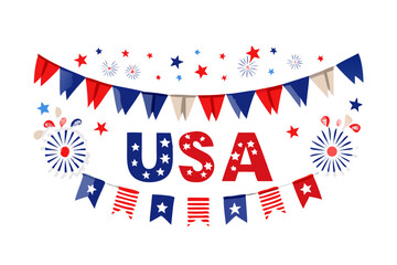 Obraz premium Festive usa lettering with patriotic bunting and fireworks on black background