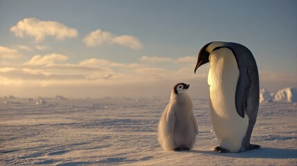 Majestic Emperor Penguin and Its Chick Standing on Icy Terrain at Sunset