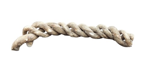 Thick weathered interwoven natural fiber rope segment on a white background