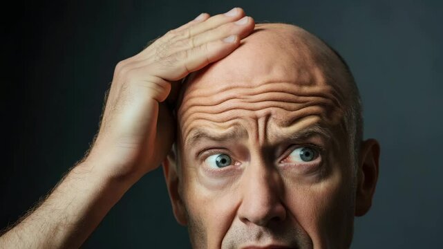 Bald adult male with blue eyes touching head showing worry and stress with deep forehead wrinkles and concerned facial expression close up portrait on dark background