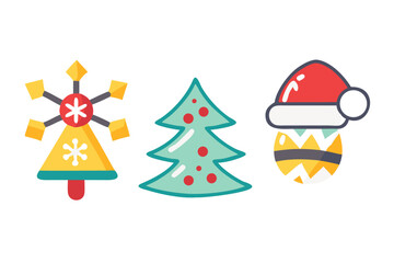 Fototapeta premium Three flat design christmas icons including a snowflake tree topper a decorated christmas tree and a festive ornament