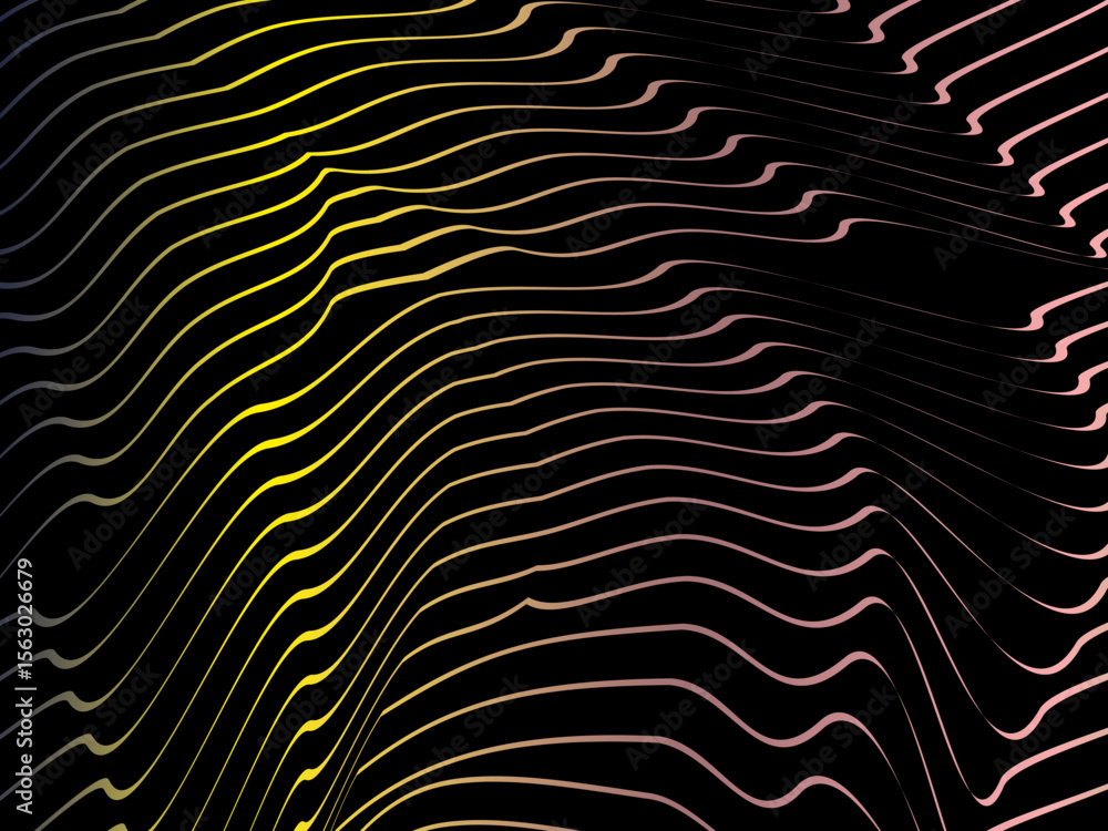 Poster The background is a colorful gradient wavy diagonal striped pattern on a black background, creating a dynamic and modern visual effect.