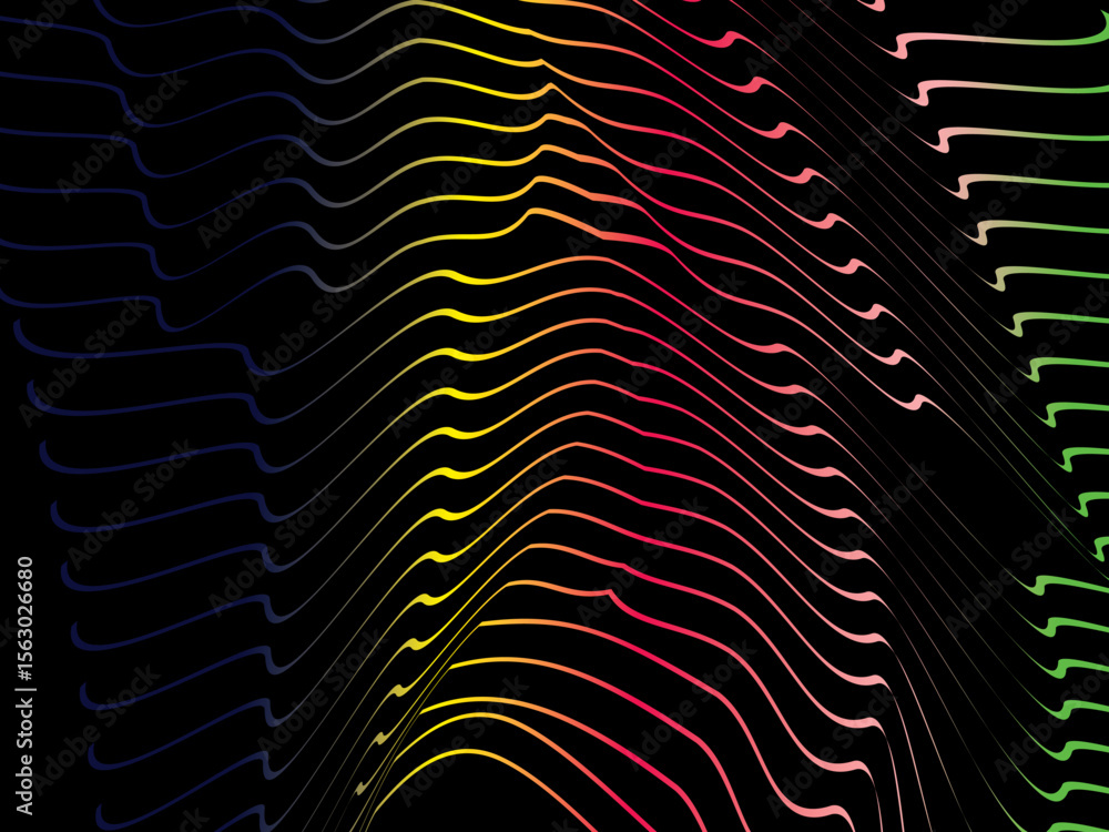 Poster The background is a colorful gradient wavy diagonal striped pattern on a black background, creating a dynamic and modern visual effect.