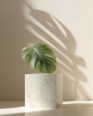 Elegant Product Podium of White Marble with a Tropical Leaf and Sunlight Shadows