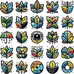 Colorful Leaf Icon Set Bundle, Modern Nature Botanical Vector Clipart, Editable AI and EPS Files for Logo, Sticker, Design