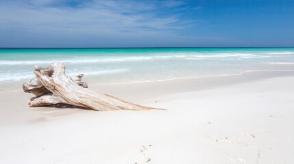  Idyllic White Sand Beach with Turquoise Water and Weathered Driftwood on a Sunny Day