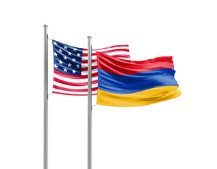 Armenia and America friendship flags are waving on white background. Both flags are with Cutout Path. Armenia USA national flag for comittment.