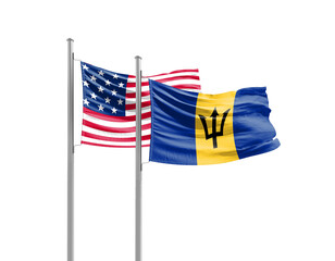 Barbados and America friendship flags are waving on white background. Both flags are with Cutout Path. Barbados USA national flag for comittment.