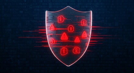 Cybersecurity concept featuring transparent firewall shield with red intrusion alerts on binary code