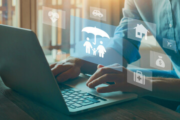 family insurance concept, online insurance for health, life, travel and car, medical insurance - virtual screen with icons