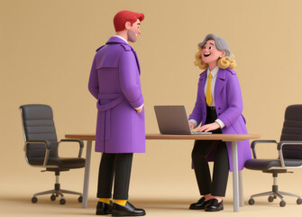 3d rendered cartoon poster of two lawyer colleagues, a man and a woman, actively discussing a problem using a computer with a solid color background