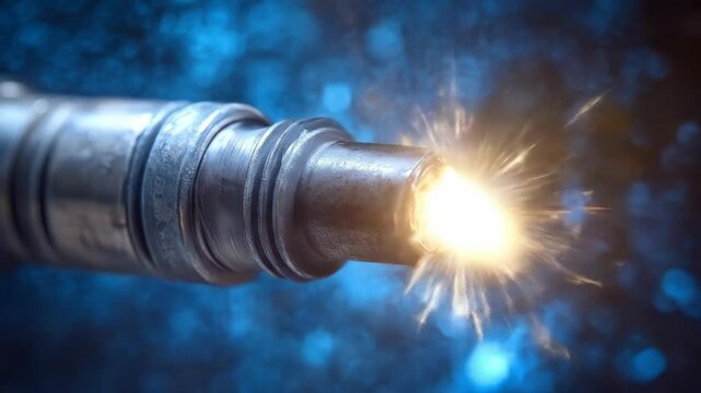 Close-up of a spark plug firing, igniting an energy burst with visible sparks, set against a blurred blue backdrop to demonstrate its electrical function.
