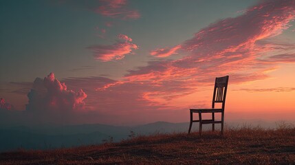 Empty Chair on a Hilltop Overlooking a Dramatic Sunset Sky with Pink and Orange Clouds