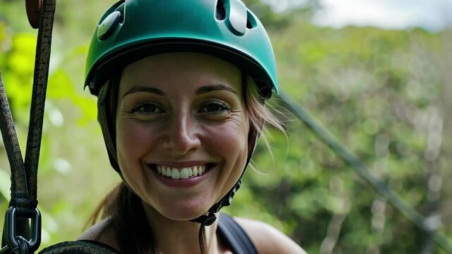 Woman enjoying ziplining adventure through lush trees at an adventure park, Woman on a zip line in an adventure park