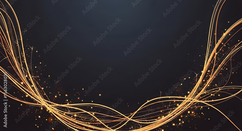 Poster abstract golden wavy lines with sparkling particles and light streaks on a dark background, dynamic 