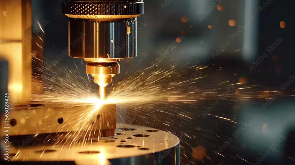 Poster cnc machine cutting metal creates dazzling sparks during precision engineering process in workshop, 