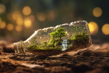 Miniature Glowing Ecosystem with Forest and Waterfall Inside a Recycled Plastic Bottle on Earth