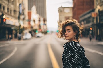 Young Woman with Curly Hair Looking Back Over Her Shoulder on a City Street