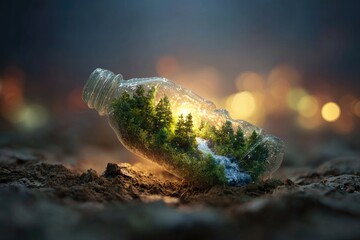Glowing Miniature Forest Ecosystem with Waterfall Encapsulated in a Discarded Plastic Bottle
